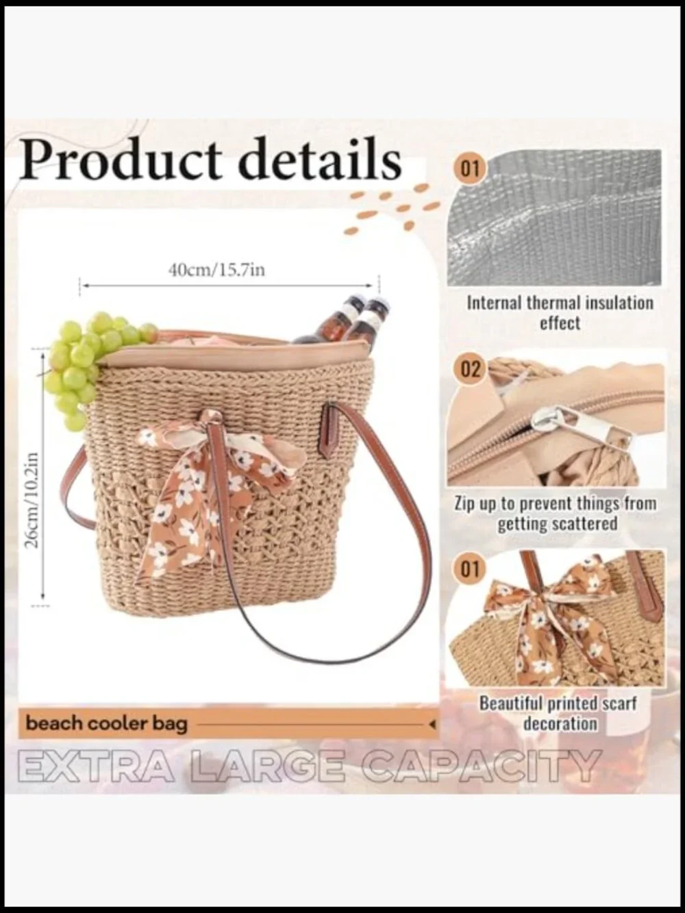 Women's Insulated Straw Woven Cooler Bag Leak Proof Zipper Picnic Beach Tote